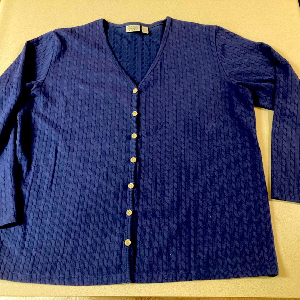 Navy Classic Elements cardigan with extra button sewn inside